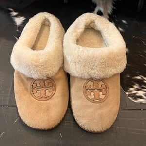 Tory Burch Coley Slippers Size 11 Tan Suede Shearling Sherpa